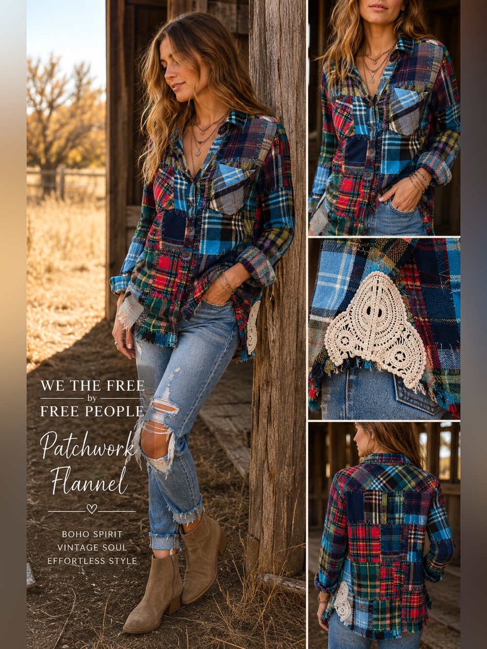 We The Free Flannel Patchwork Shirt XS Lost in Plaid Crochet Grunge Boho Frayed